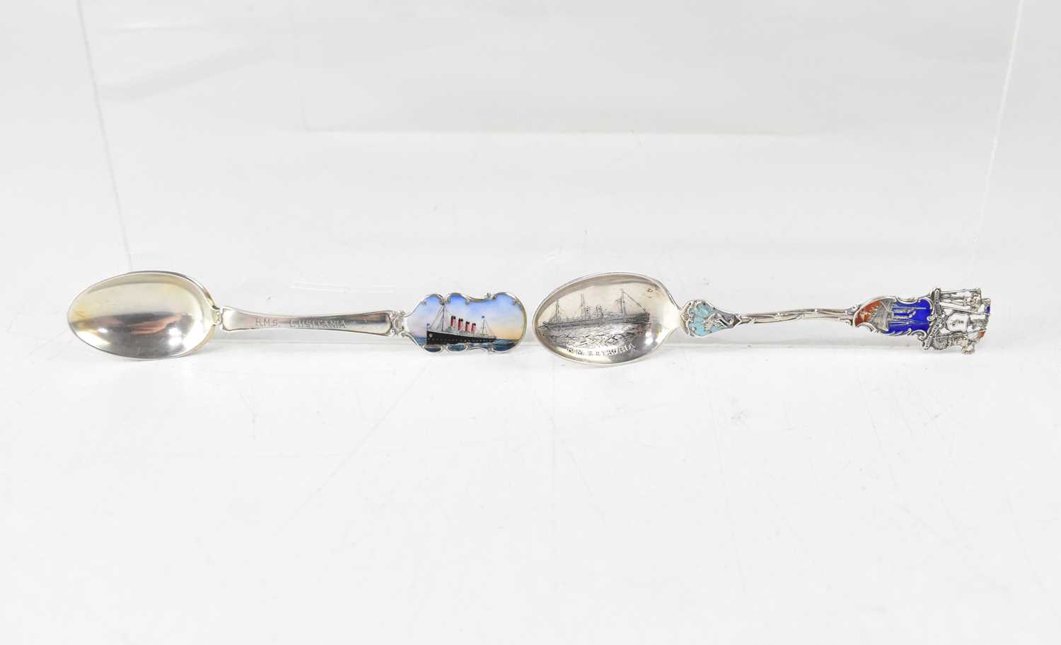 Lot 267 - Two silver commemorative spoons for Cunard...