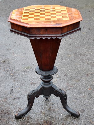 Lot 22 - A Victorian walnut 'trumpet' chess top sewing...