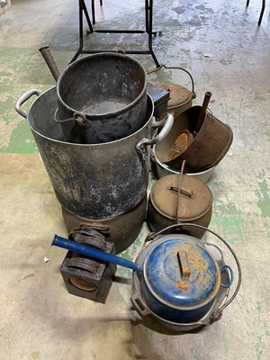 Lot 113 - A quantity of metal pots, saucepans and a lamp