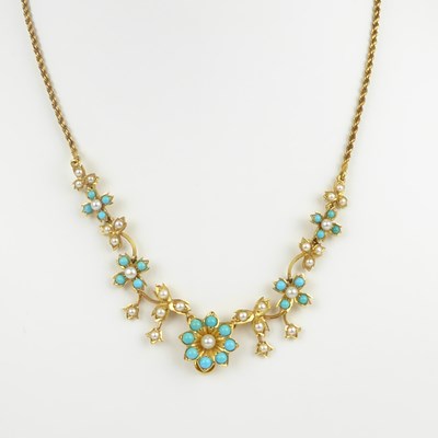 Lot 1076 - A yellow metal fringe necklace with turquoise...