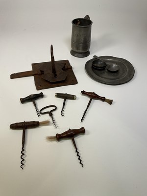 Lot 17 - Collection of corkscrews, an iron lock and key...