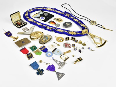 Lot 1068 - A group of various Masonic medals and belt...