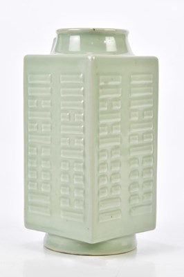 Lot 1027 - A Chinese celadon cong vase with geometric...