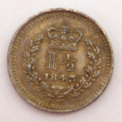 Lot 958 - A Victorian 1843 silver three-halfpence coin.