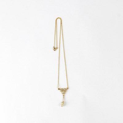 Lot 1075 - A gold dainty chain necklace, the drop with...