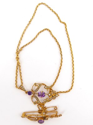 Lot 1105 - An Edwardian 9ct gold amethyst and seed pearl...