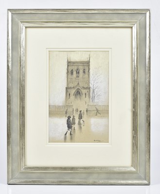 Lot 89 - BRIAN SHIELDS (BRAAQ) (1951-1997); mixed media, figures walking into church, signed, 22 x 14.5cm, framed and glazed.