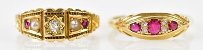 Lot 158 - Two 18ct yellow gold diamond and ruby rings,...