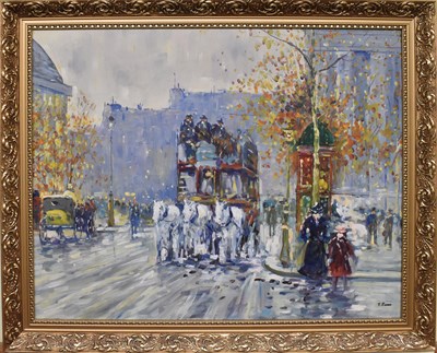 Lot 163 - T JONES; a 20th century oil on canvas, street...