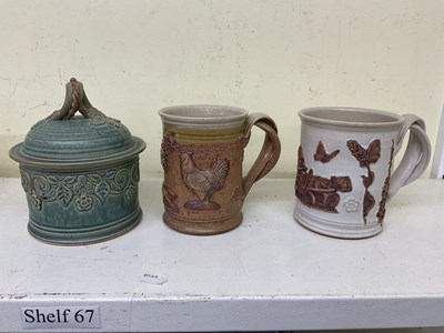 Lot 463 - Two studio ceramic mugs and a blue lidded...