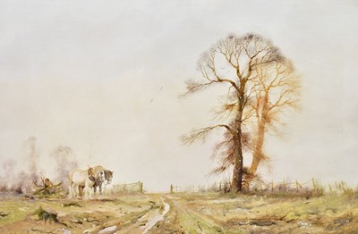 Lot 383 - ALWYN CRAWSHAW; oil on canvas, shire horses in...