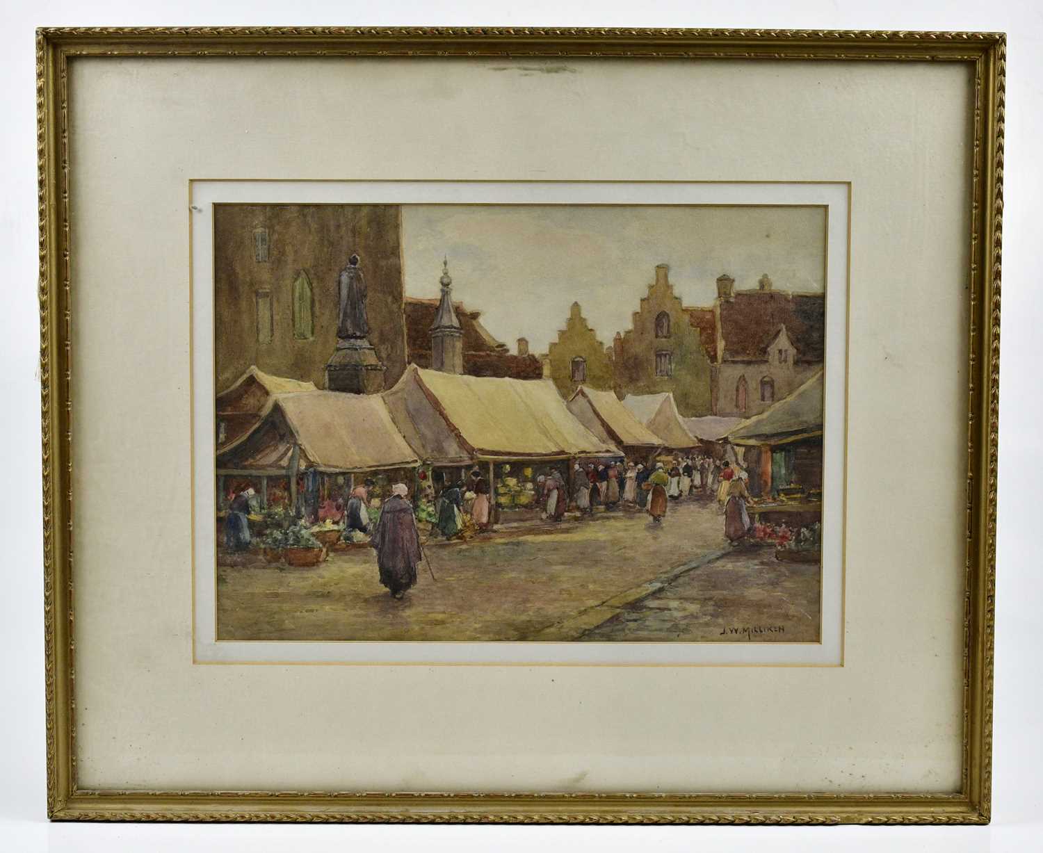 Lot 405 - J.W MILLIKEN; watercolour, market scene,...