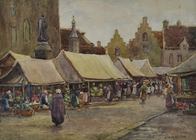 Lot 405 - J.W MILLIKEN; watercolour, market scene,...