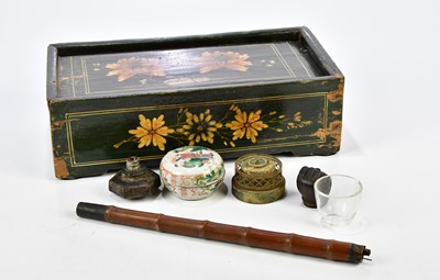 Lot 1048 - A Chinese hand painted elm opium set,...