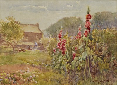 Lot 327 - J W MILLIKEN; watercolour, garden scene with...