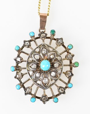 Lot 385 - A turquoise and diamond set pendant in rose...