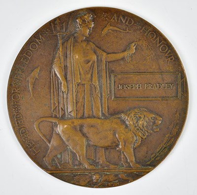 Lot 449 - A WWI bronze memorial plaque awarded to Joseph...