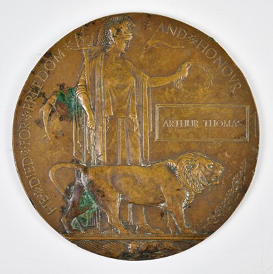 Lot 450 - A WWI bronze memorial plaque awarded to Arthur...