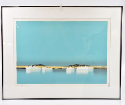 Lot 84 - PIERRE DOUTRELEAU (born 1938); pencil signed limited edition print, river scene with blue sky, 149/350, 49 x 69cm.