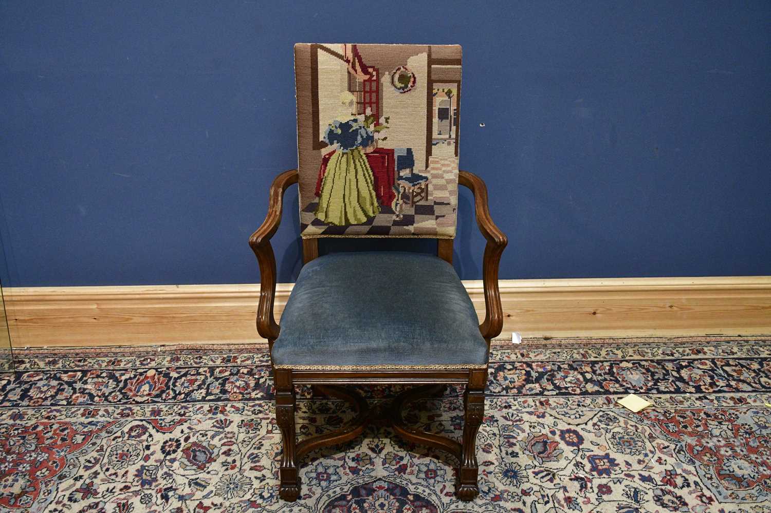 Lot 2464 - A Carolean style elbow chair with tapestry back.