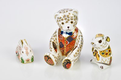 Lot 5390 - ROYAL CROWN DERBY; three animal paperweights,...