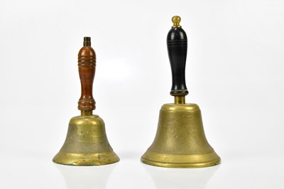 Lot 416 - Two brass bells with turned wooden handles.