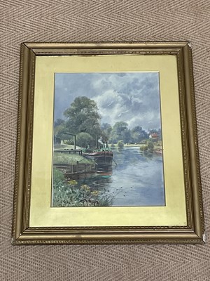 Lot 308 - C L CARY; watercolour, moored vessel beside a...