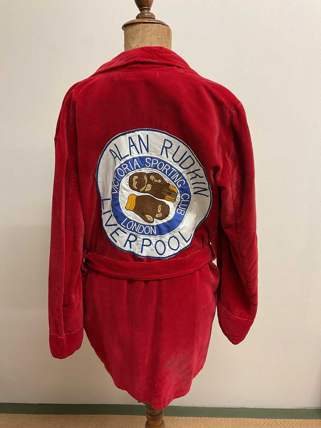 Lot 2325 - ALAN RUDKIN MBE; a red velvet boxing robe with...