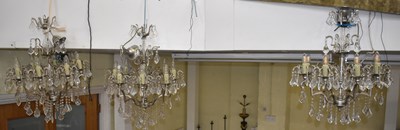 Lot 139 - A group of three glass drop chandeliers with...