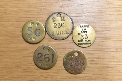 Lot 280 - SM; five assorted circular brass tokens/tallies.