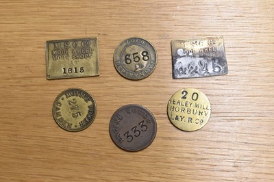 Lot 268 - Six assorted brass railway tokens/tallies.