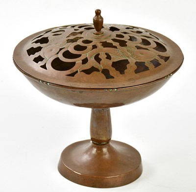 Lot 302 - An Arts & Crafts copper potpourri and cover...