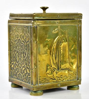 Lot 320 - An Arts & Crafts brass and wood box, relief...