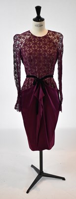 Lot 40 - ROLAND MOURET; a purple silk and lace evening...