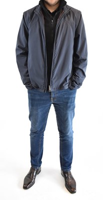 Lot 120 - LORO PIANA; a navy blue bomber jacket with...