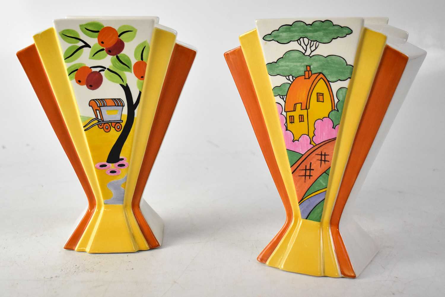 Lot 258 - A pair of limited edition 'Orange Roof Cottage' Clarice Cliff Vases