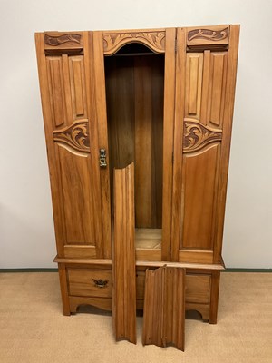 Lot 645 - A mirror door pine wardrobe with drawer to...