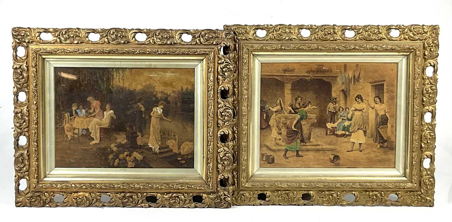 Lot 6325 - Two Edwardian overpainted prints in gilt...