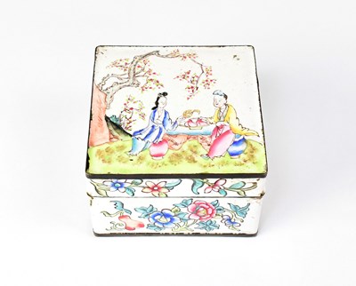 Lot 425 - A Chinese enamelled metal square box painted...