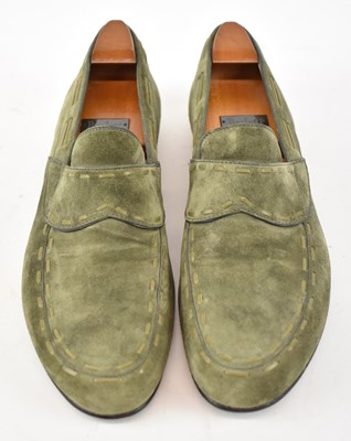 Lot 553 - BERLUTI; a pair of green suede loafers, size 9.5.