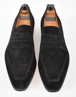 Lot 557 - BERLUTI; a pair of black suede shoes, size 9.5.