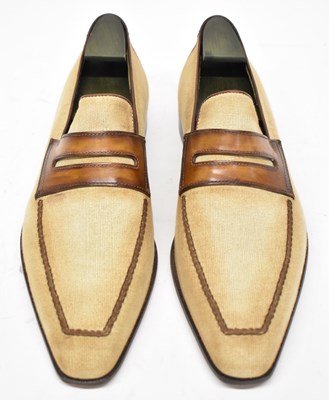 Lot 575 - BERLUTI; a pair of brown leather and canvas...