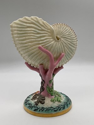 Lot 168 - ROYAL WORCESTER; a nautilus shell vase mounted...