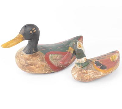 Lot 163 - Two vintage painted wooden decoy ducks,...