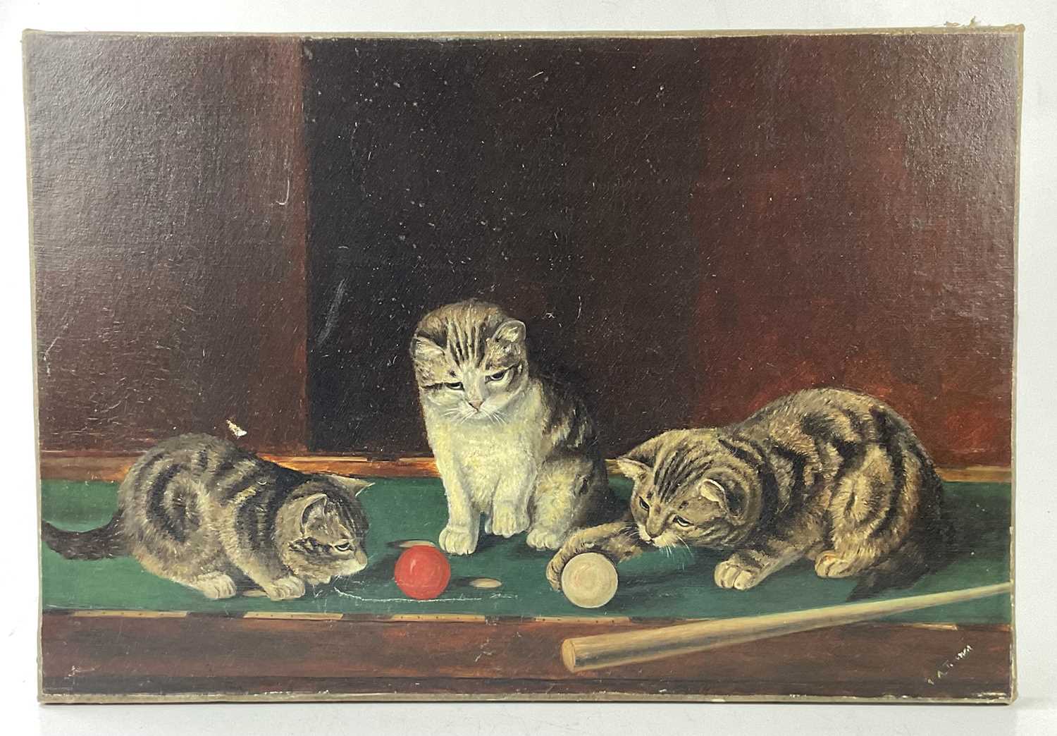 Lot 6187 - V.A.TURNER; oil on canvas, cats on snooker...