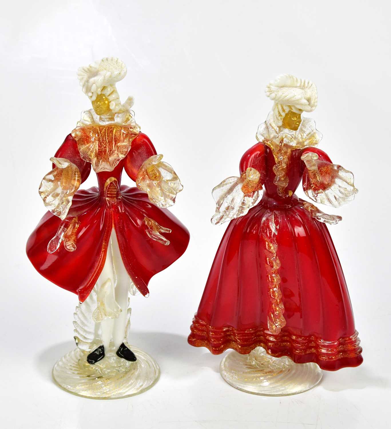 Lot 377 - MURANO; a pair of decorative figures wearing...