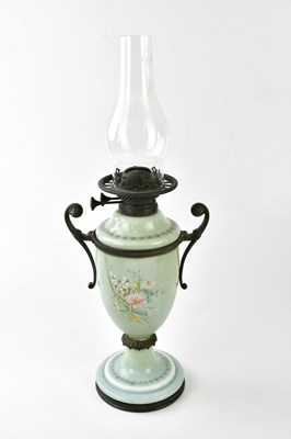 Lot 2205 - A Victorian painted opaque glass oil lamp,...