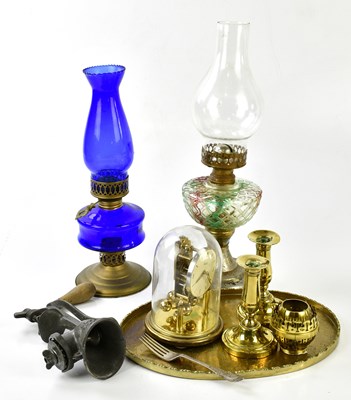 Lot 403 - Two vintage oil lamps, a brass tray decorated...