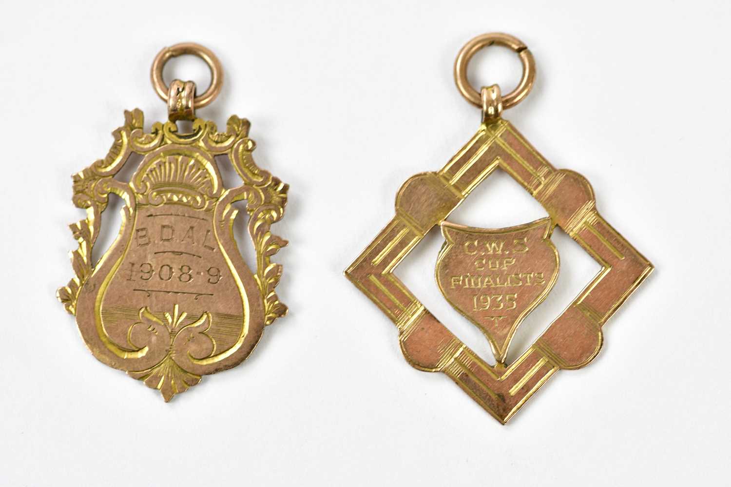 Lot 16 - Two 9ct rose gold engraved fob shields,...