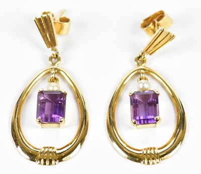 Lot 654 - A pair of yellow metal pear shaped amethyst...